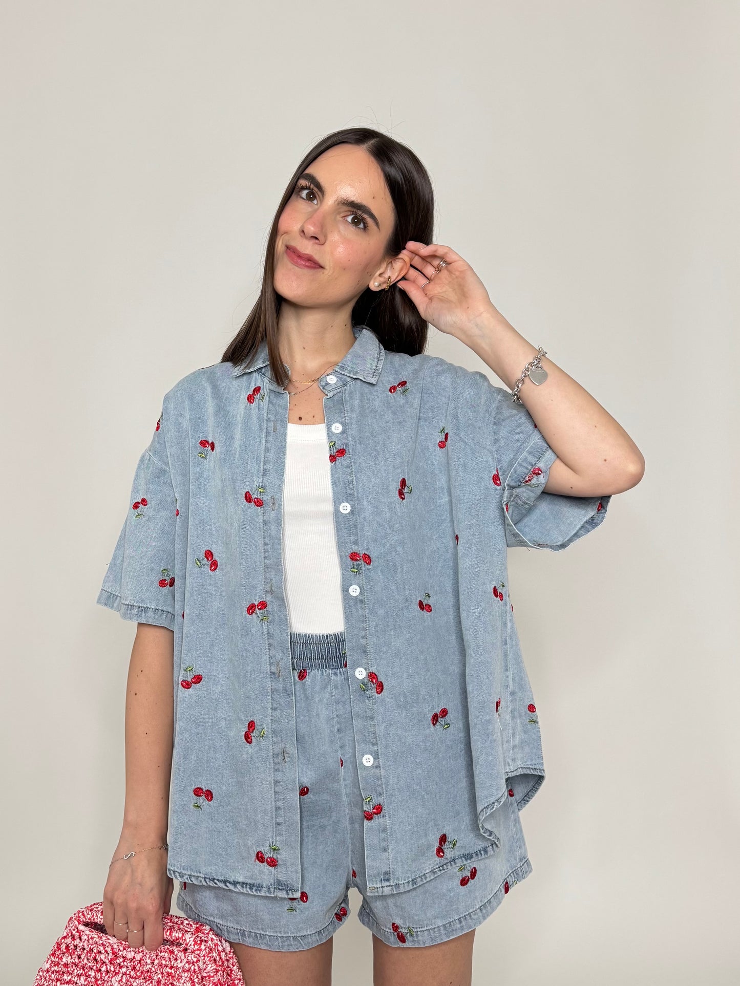 Completo denim in cotone con ricami