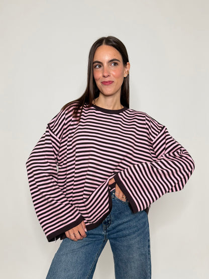 Maglia mille righe in morbida viscosa manica lunga ampia rosa