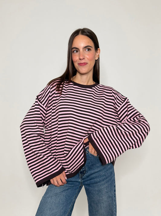 Maglia mille righe in morbida viscosa manica lunga ampia rosa