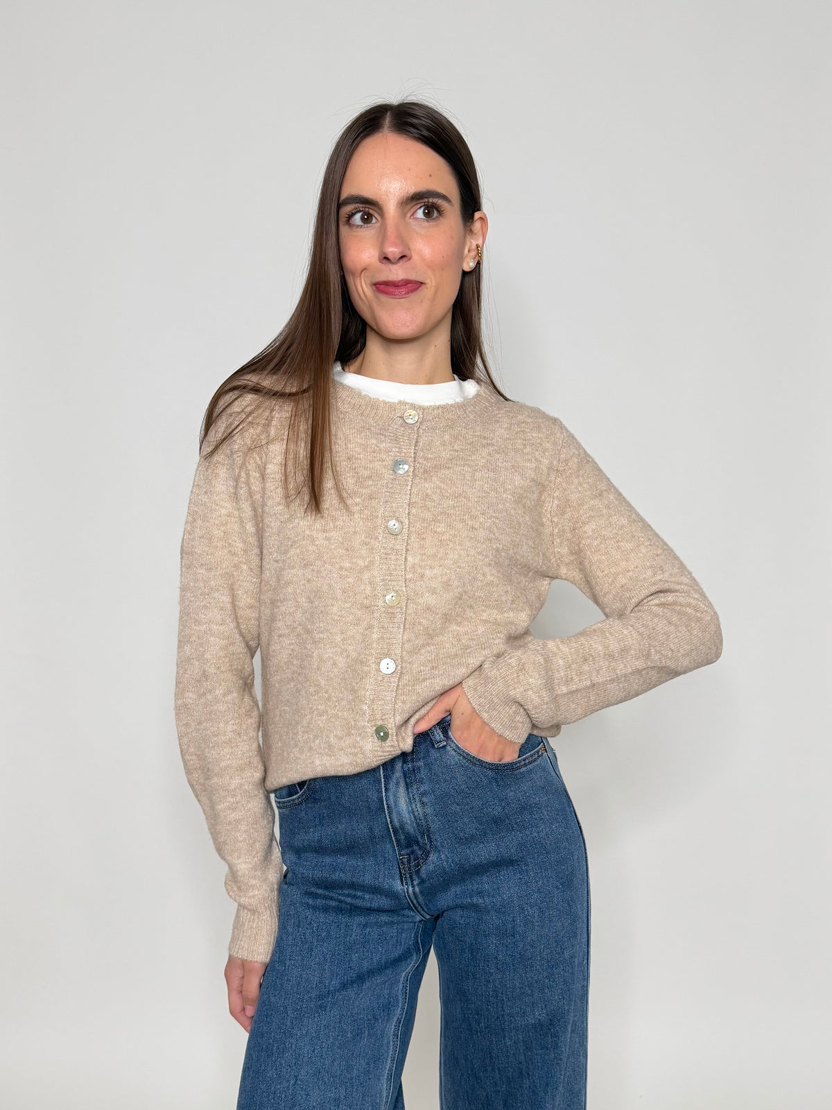 Cardigan "neve" in morbida viscosa e cotone beige melange