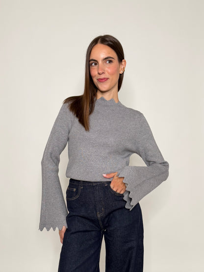 Maglia in morbida viscosa zigzag con manica a campana grigio