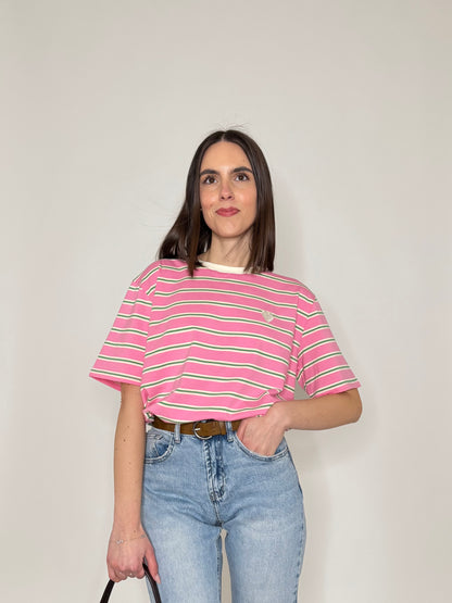 T-shirt millerighe con ricamo in cotone - Rosa