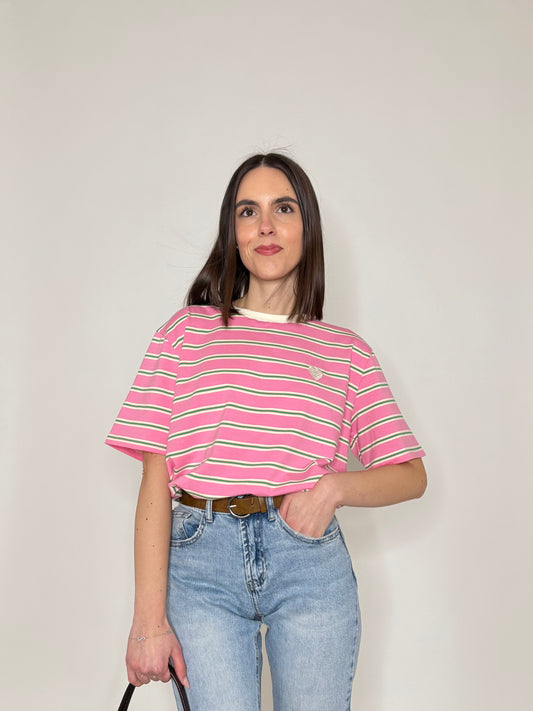 T-shirt millerighe con ricamo in cotone - Rosa
