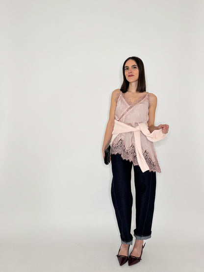 Top pizzo asimmetrico in 100% viscosa satin - Rosa antico