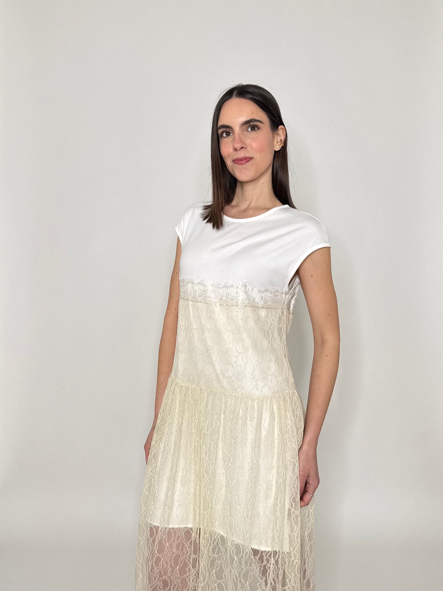 Abito lungo pizzo in cotone Crema/Bianco