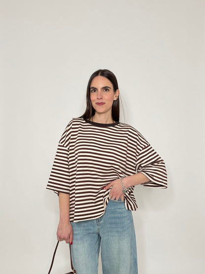 Maglia Felpa a righe light cotton in cotone Cioccolato/Panna