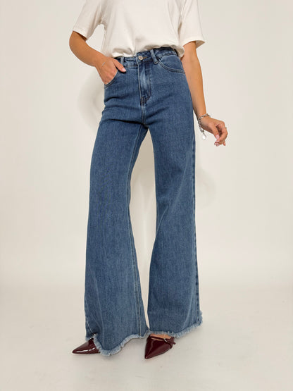Jeans Wide Leg vita alta sfrangiato in Denim Blu