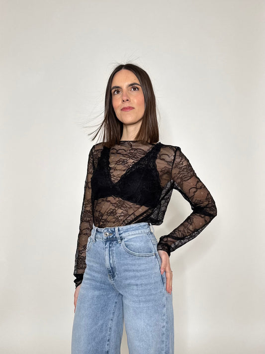Maglia girocollo light pizzo Nero