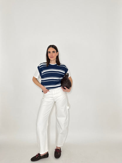 Gilet a righe in 100% cotone Blu Navy/Panna