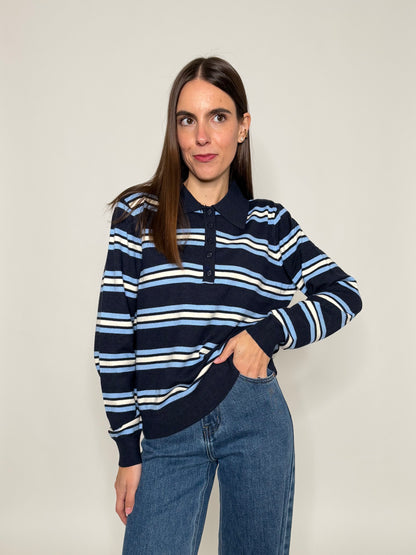 Polo a righe in morbida viscosa blu Navy/celeste