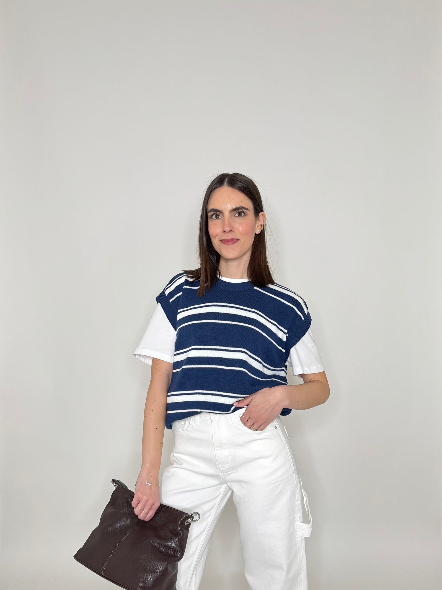Gilet a righe in 100% cotone Blu Navy/Panna