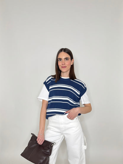 Gilet a righe in 100% cotone Blu Navy/Panna