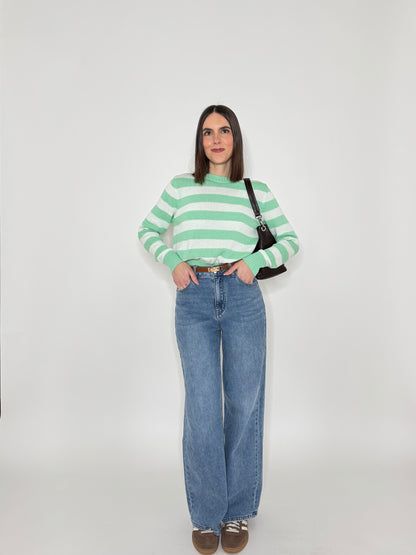 Maglia girocollo a righe in 100% cotone Latte/Menta