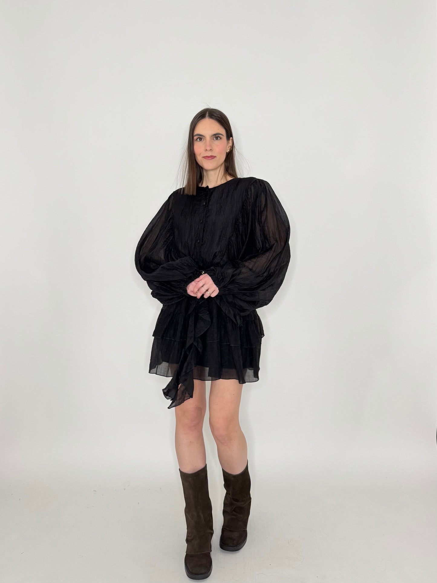 Abito mini in tencel effetto goffrato Nero