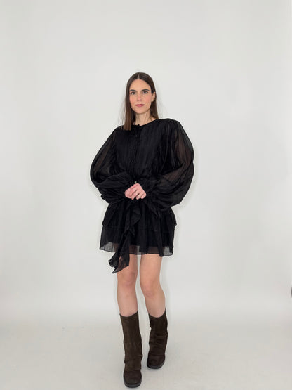 Abito mini in tencel effetto goffrato Nero