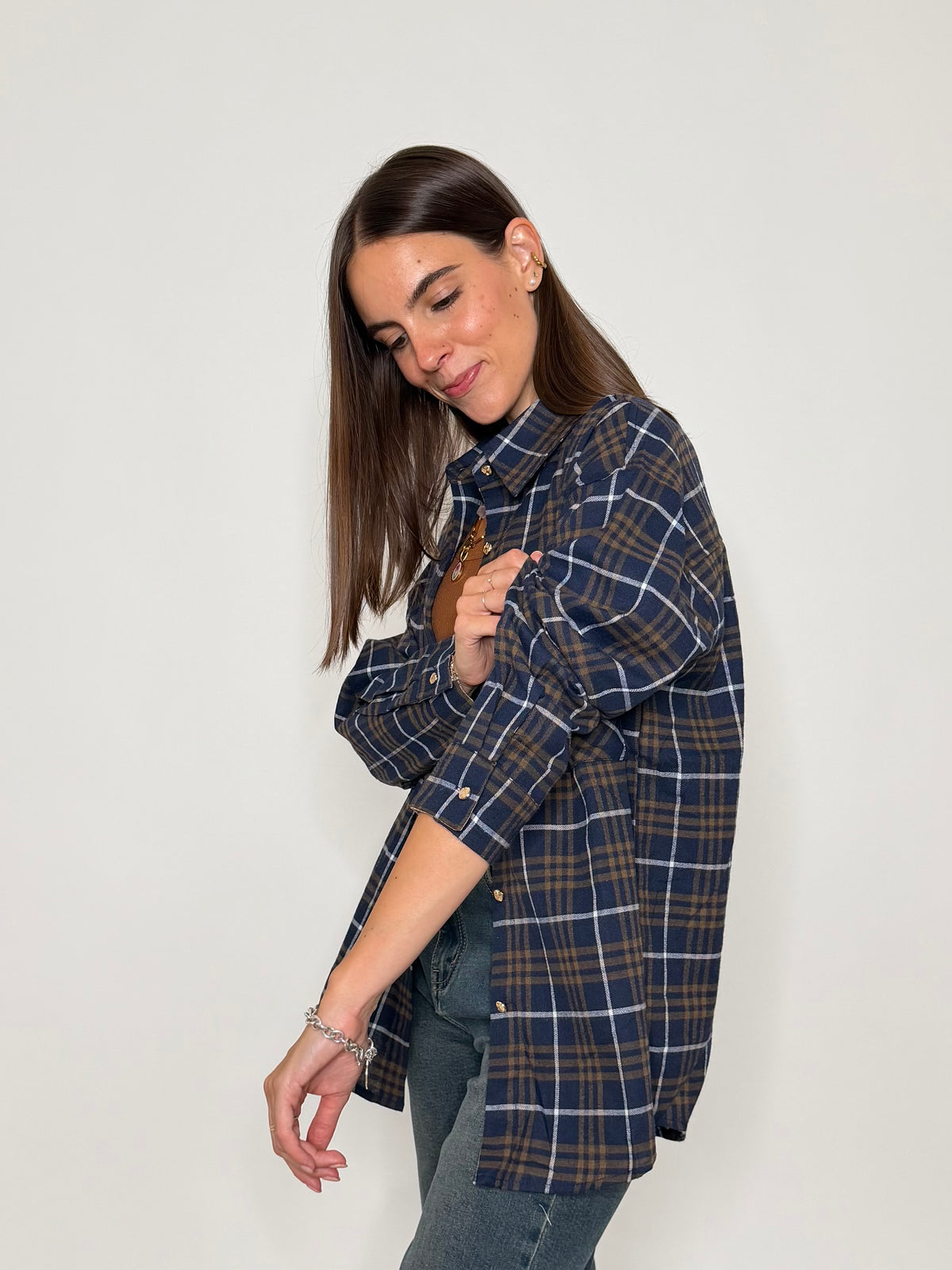 Camicia check in cotone con taschino blu