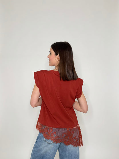 Maglia in cotone con spalle imbottite e pizzo Coccio