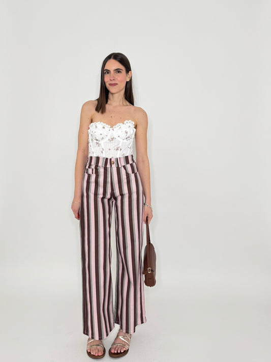 Jeans cinque tasche a righe modello wide leg Rosa/Burgundy/Grigio