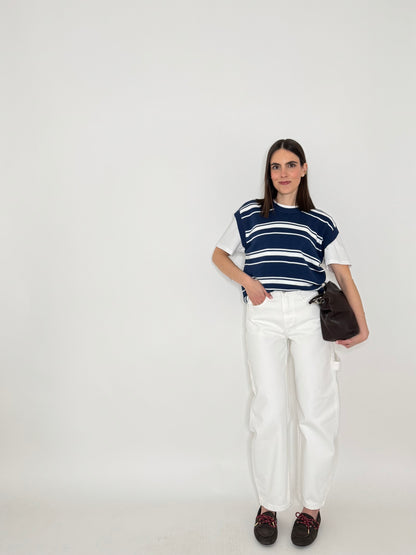 Gilet a righe in 100% cotone Blu Navy/Panna