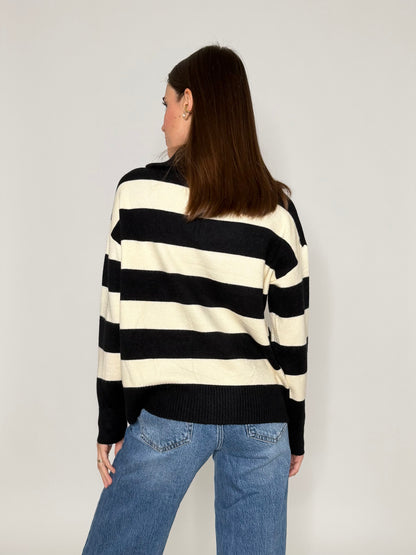 Maglione mezza zip collo alto a righe in morbida viscosa nero/panna