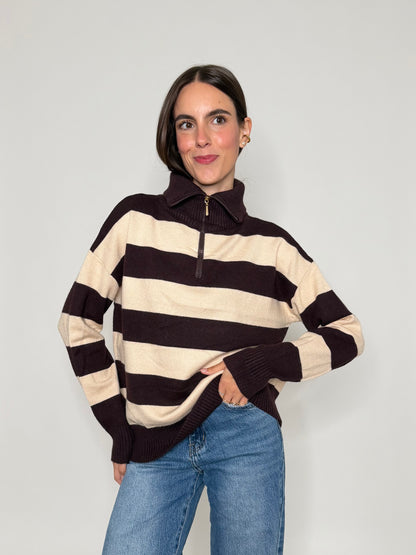 Maglione mezza zip collo alto a righe in morbida viscosa cioccolato/beige