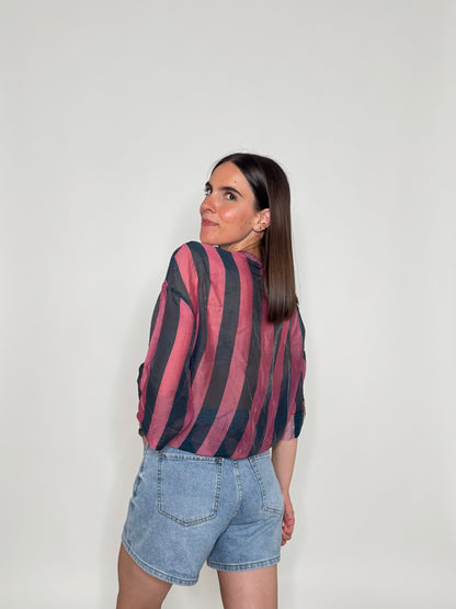 Camicia a righe in lyocell Verde Bottiglia/Rosa antico