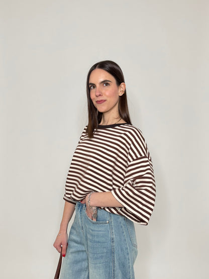 Maglia Felpa a righe light cotton in cotone Cioccolato/Panna