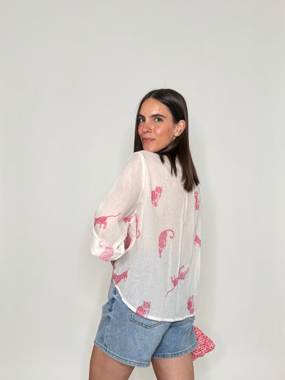 Camicia coreana in mussola di cotone tigre rosa