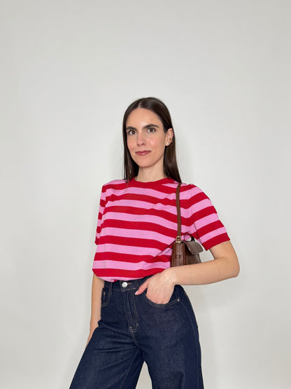 Maglia girocollo a righe manica corta in 100% cotone Fragola/Confetto
