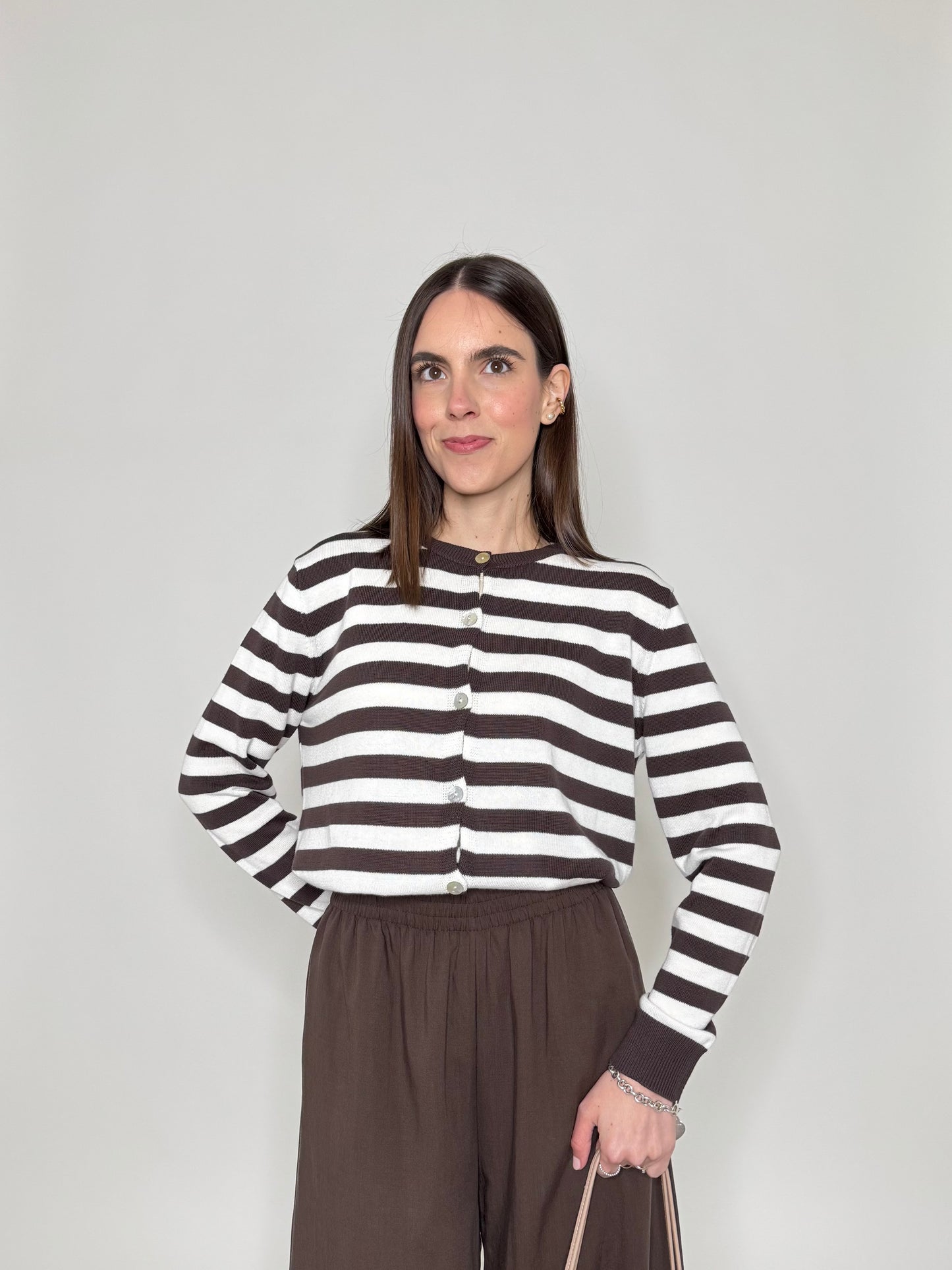Cardigan in 100% cotone a righe girocollo Panna/Moro