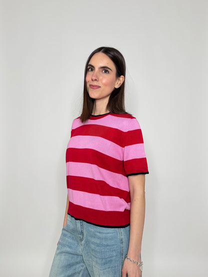 Maglia girocollo a righe manica corta in 100% cotone Confetto/Fragola/blu Navy