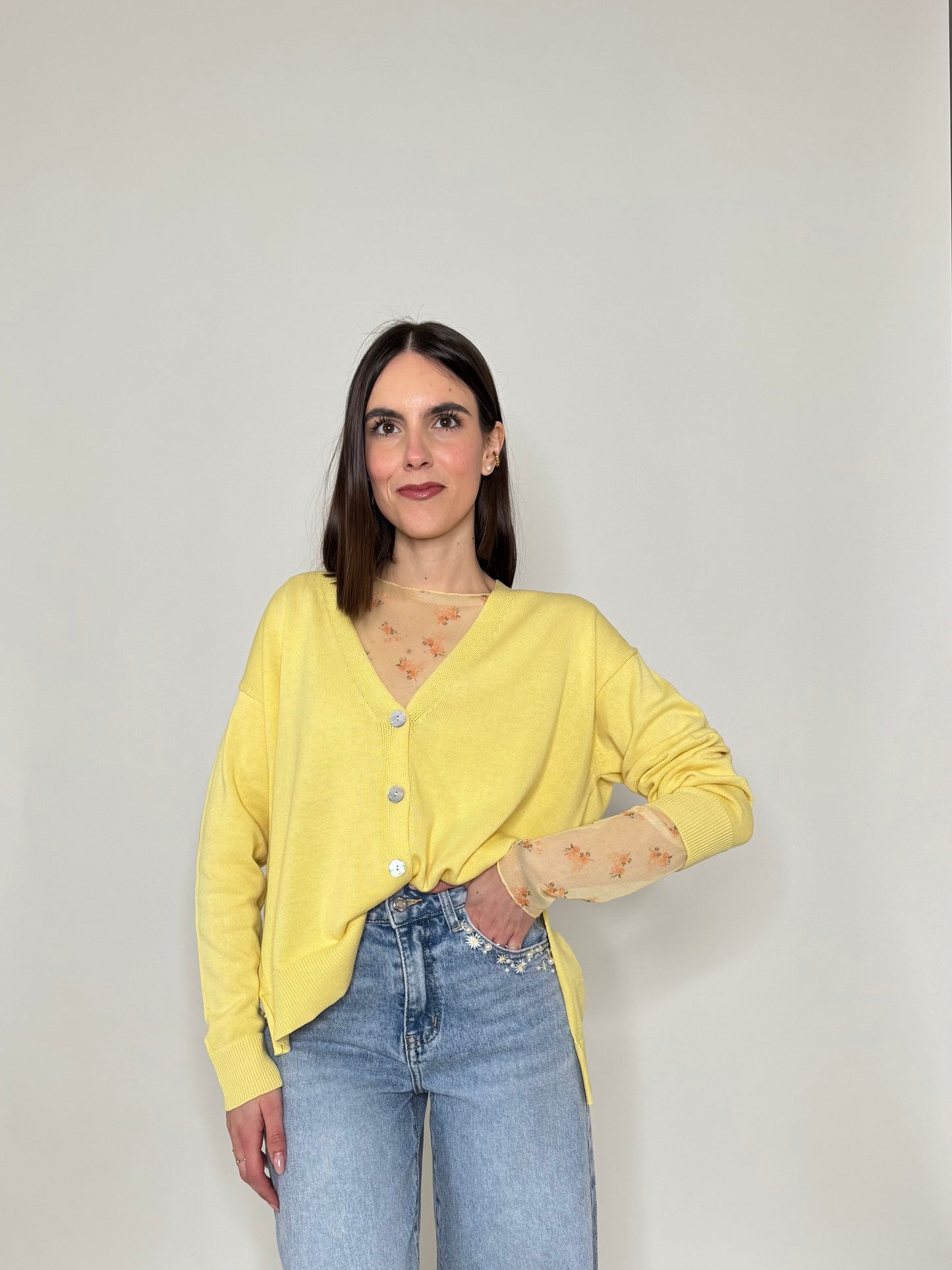 Maglia in tulle con micro fiori Giallo