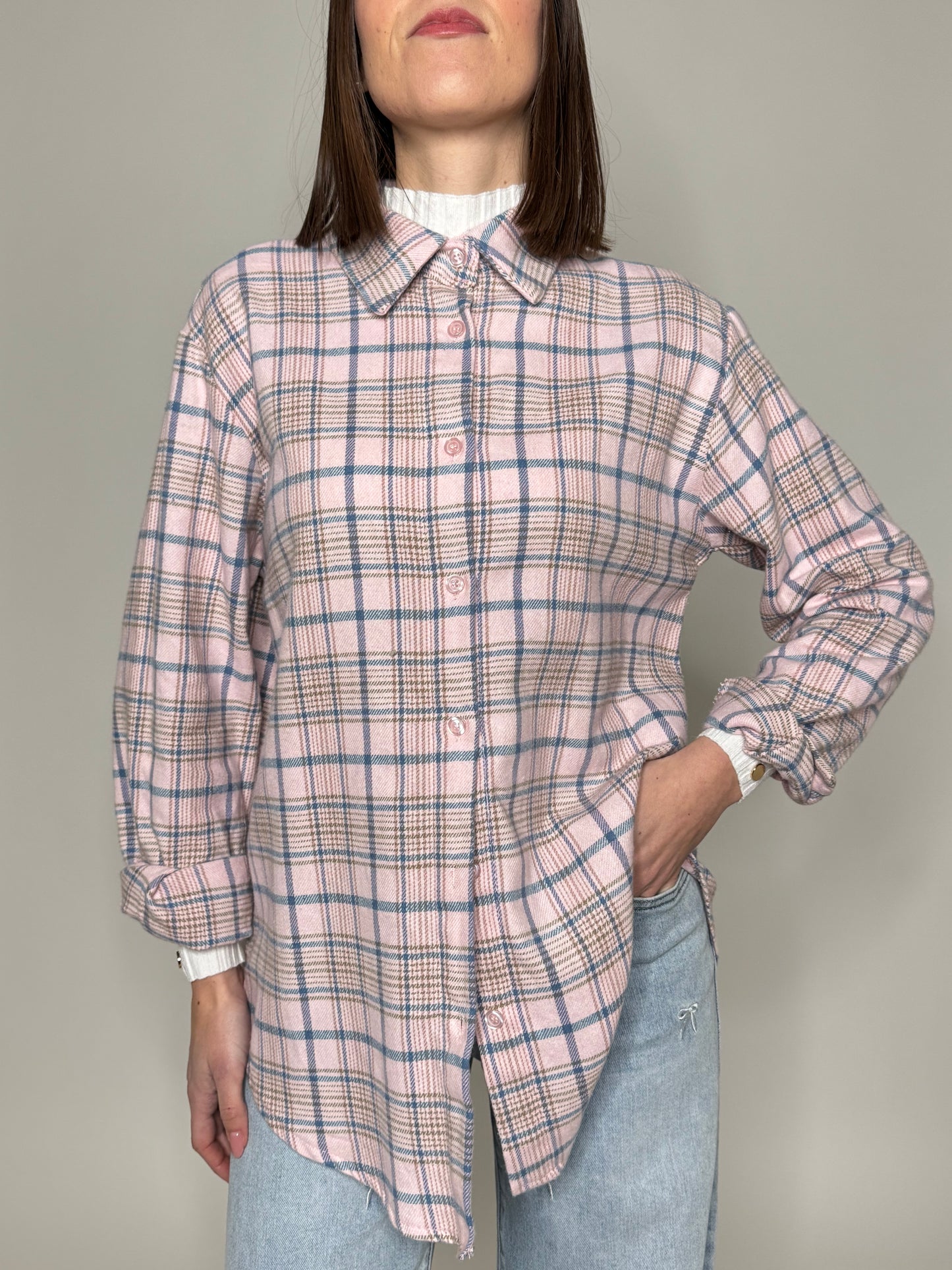Camicia check in flanella di cotone rosa baby