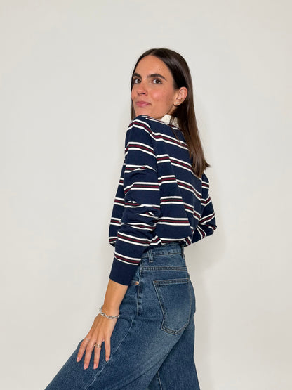 Polo a righe in viscosa blu navy/panna