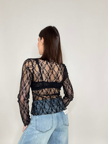 Maglia pizzo in misto cotone viscosa spring/summer Nero