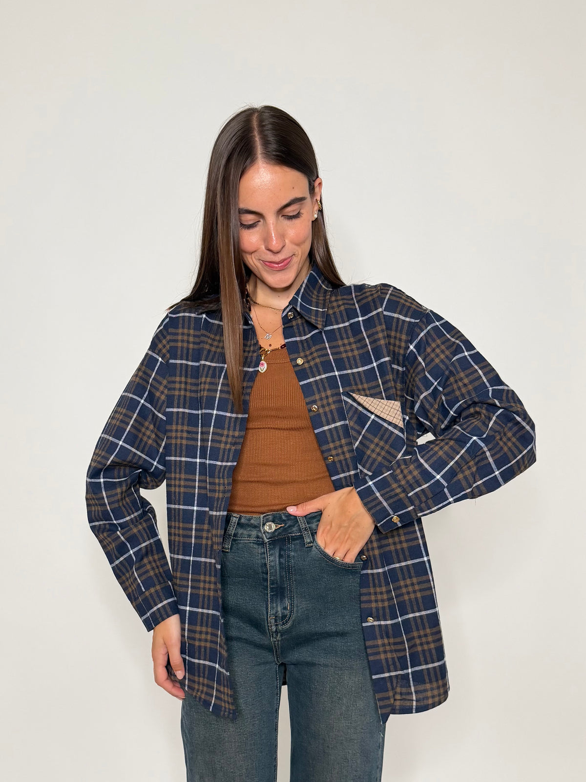 Camicia check in cotone con taschino blu