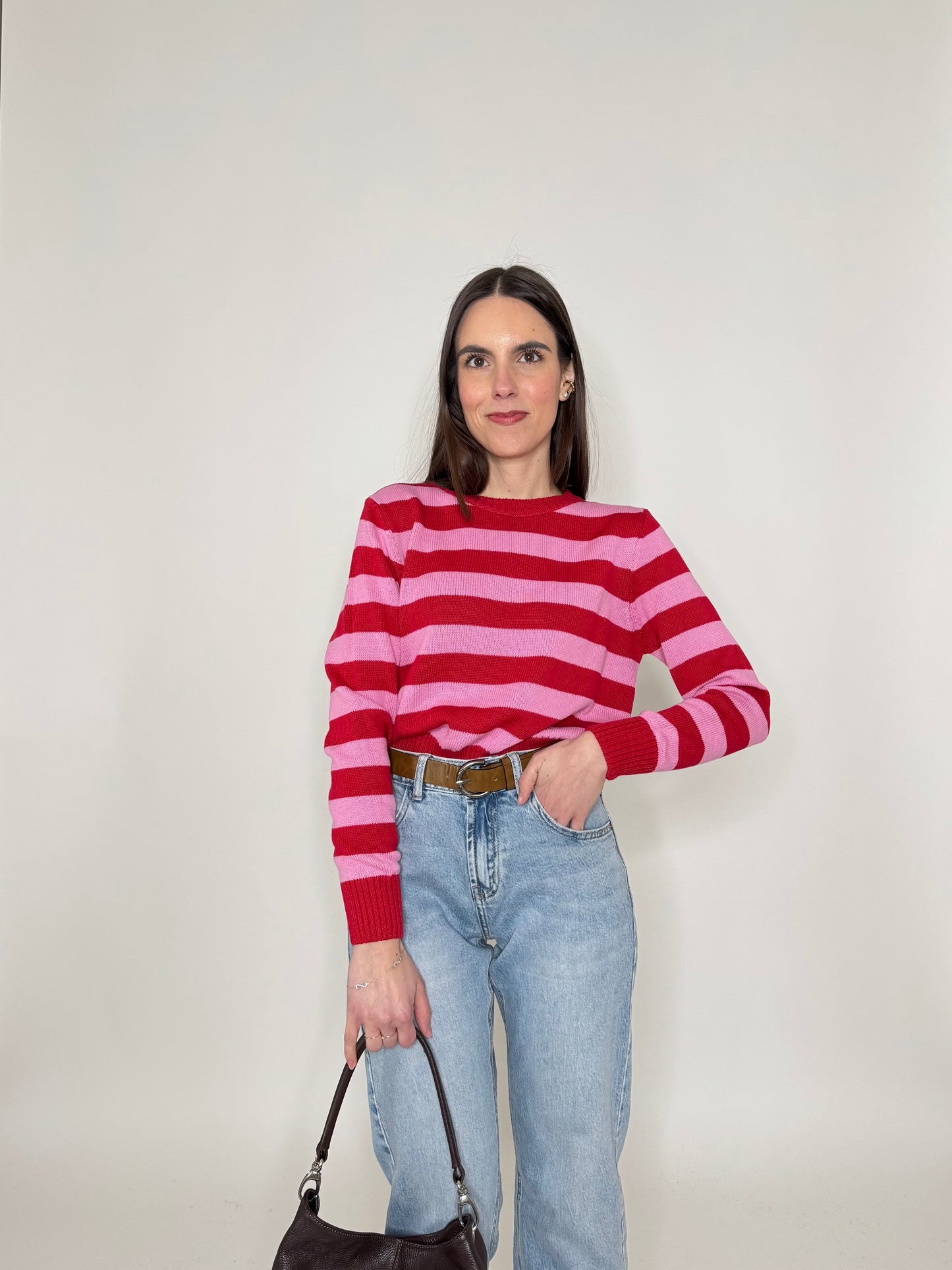Maglia girocollo a righe in 100% cotone Fragola/Confetto