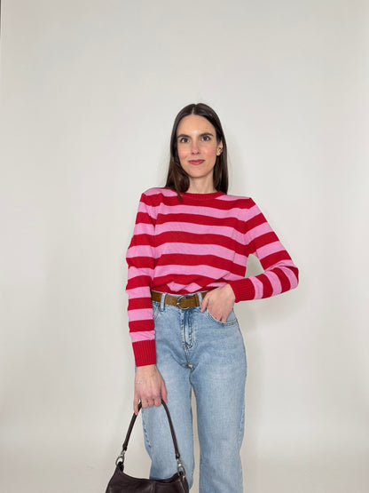Maglia girocollo a righe in 100% cotone Fragola/Confetto