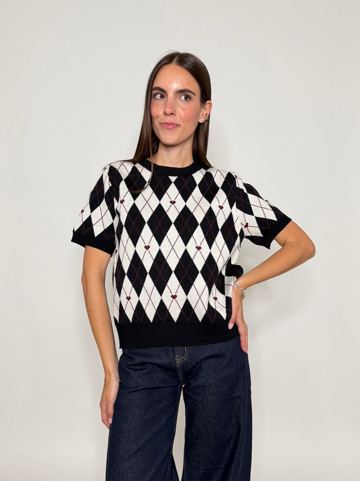 Maglia in viscosa a rombi nero/bianco