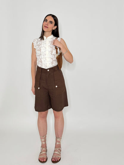 Bermuda Office in misto lino e viscosa Cioccolato