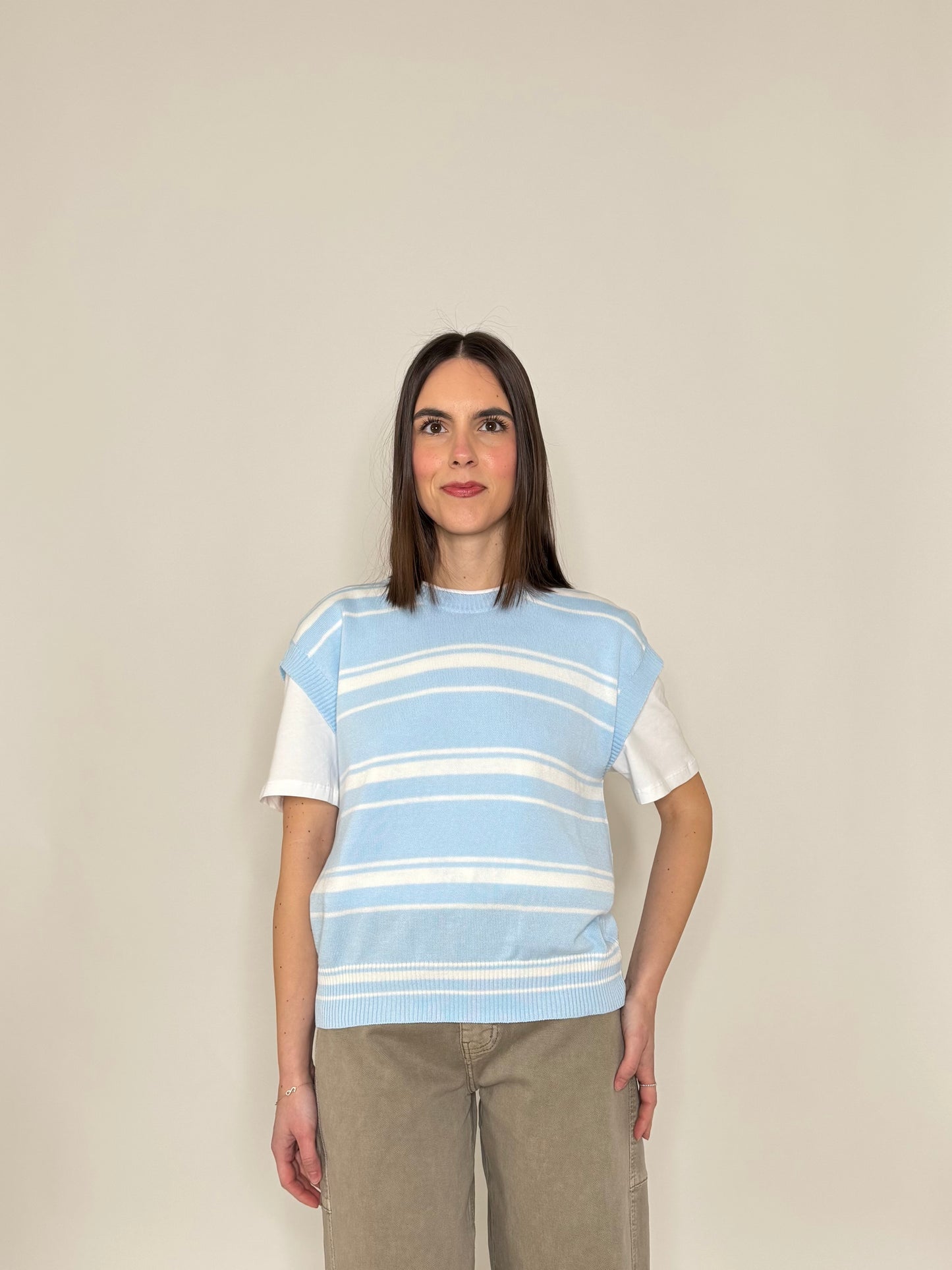 Gilet a righe in 100% cotone celeste/panna