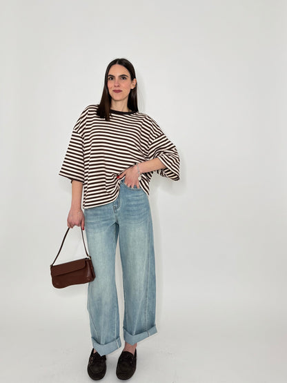 Maglia Felpa a righe light cotton in cotone Cioccolato/Panna