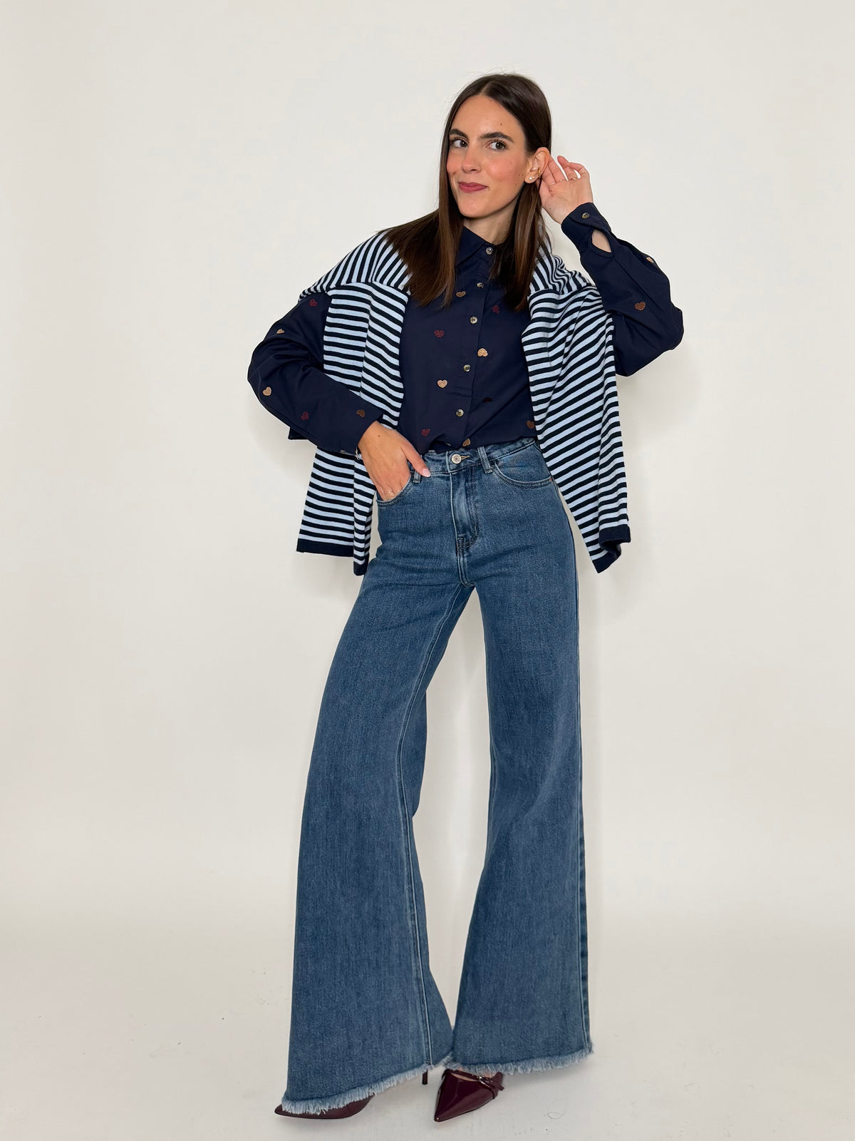 Jeans Wide Leg vita alta sfrangiato in Denim Blu