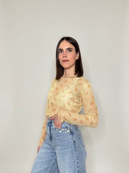 Maglia in tulle con micro fiori Giallo