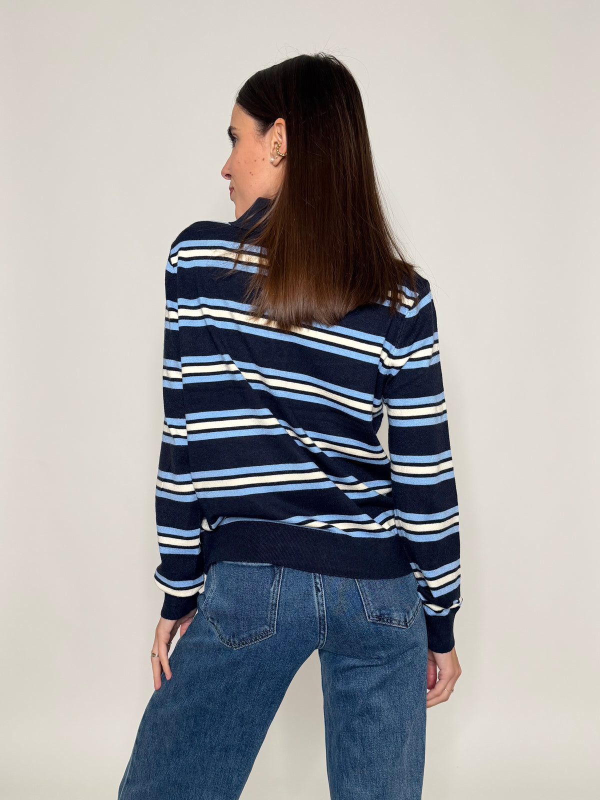 Polo a righe in morbida viscosa blu Navy/celeste