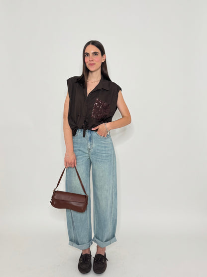 Camicia in lino e viscosa con taschino pailletes Cioccolato