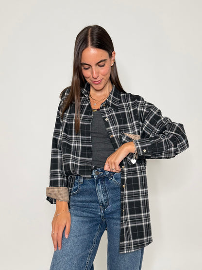 Camicia check in cotone con taschino nero