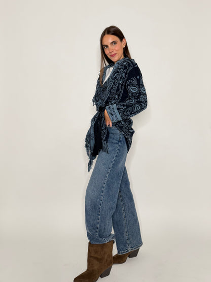 Cardigan frange stampa bandana blu notte/celeste