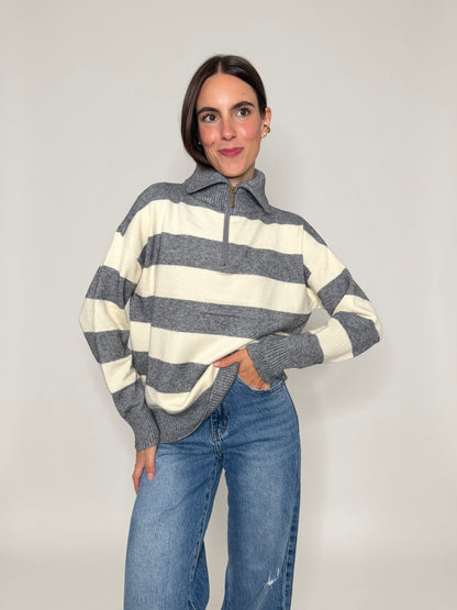 Maglione mezza zip collo alto a righe in morbida viscosa grigio/panna