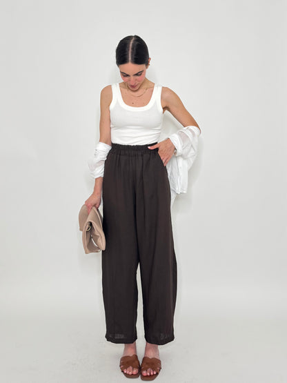 Pantalone ovetto in viscosa e lino Cioccolato